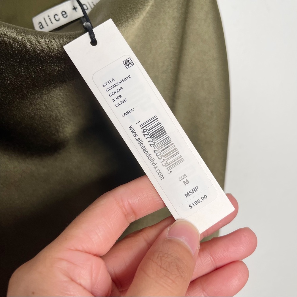 Alice & Olivia Harmon Olive Green Satin Cowl Neck Bodysuit - Picture 6 of 10